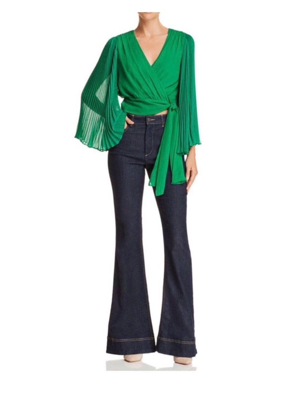 Alice + Olivia Med Bray Pleat Sleeve Wrap Top Kelly Green Silk